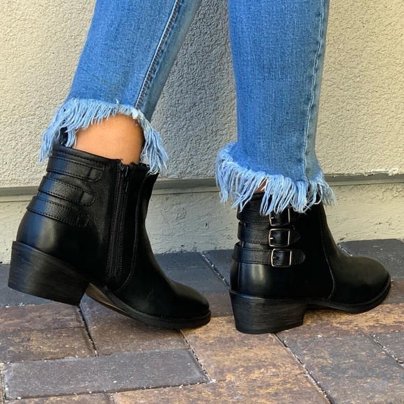 Black Leather Distressed Triple Buckle Ankle Boots - Picture 7 of 8